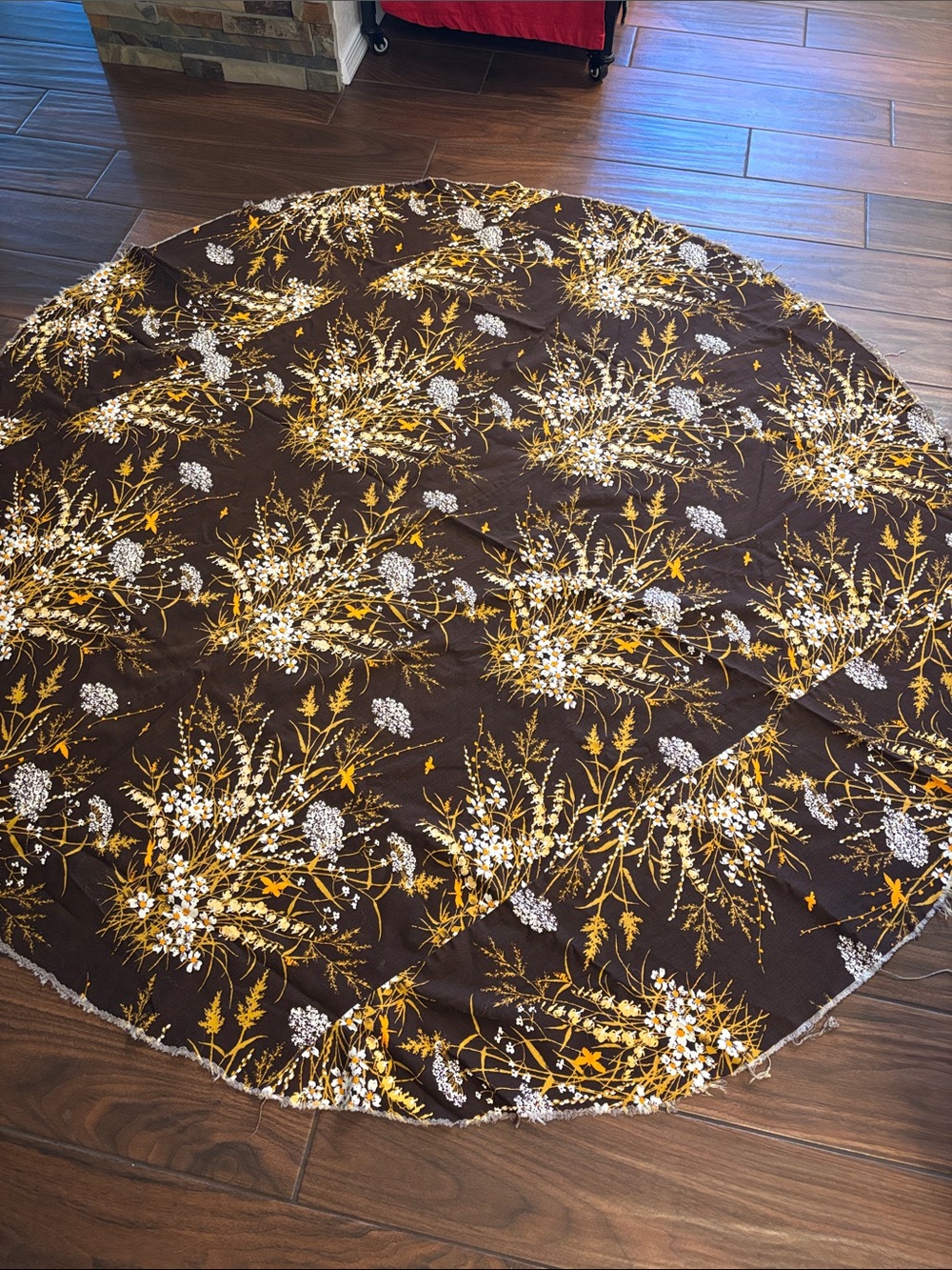 Vintage Round Floral Brown and Mustard Fabric - Large